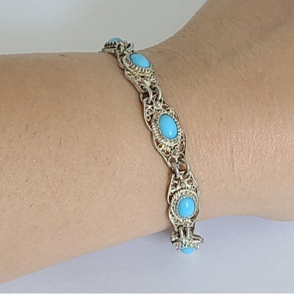 Vintage Antique Boho Sterling Silver Turquoise Cabochon Filigree Chain Bracelet - Picture 2 of 12